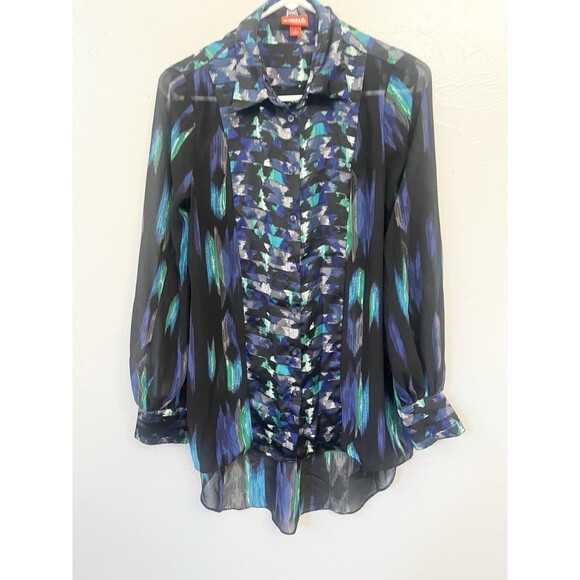 KIRNA ZABETE Blue Black Hi Low Ruffle Multi Print Top Small Tunic Artsy Art - Picture 3 of 9